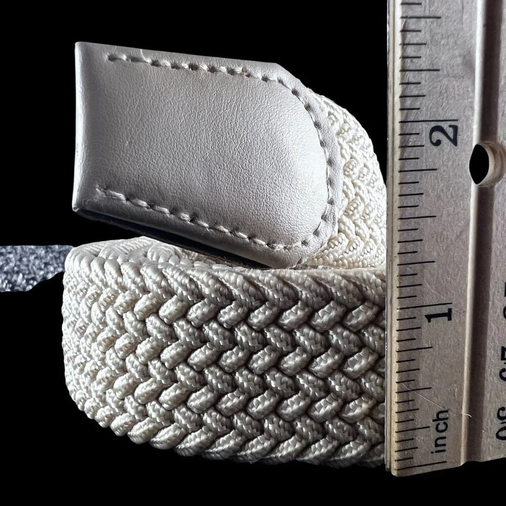 Mens Braided Beige Elastic Woven Golf Belt Faux Leather Accents Silver Buckle 43